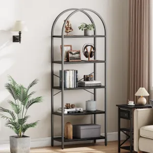 Arched Bookshelf 5-Tier Open Storage Shelves MDF & Metal Frame Curved Top Adjustable Feet for Bedroom Living Room,Black