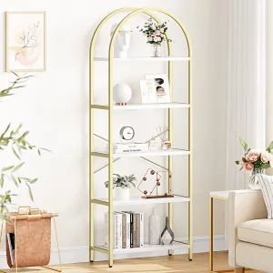 Arched Bookshelf 5-Tier Open Shelves MDF & Metal Frame Curved Top Adjustable Feet Home Office Display Rack
