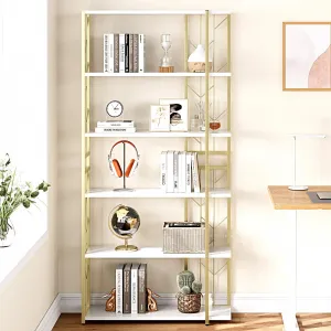 Modern Bookcase Tall Standing Bookshelf 70.8 inch Storage Rack Shelf with Metal Frame Large Unique Display Racks Elegant Bookshelf for Bedroom, Living Room, Home Office, White/Gold