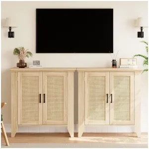 Buffet Cabinet Rattan Storage with Doors & Shelves, Wood Console for Living Room, Dining Room, Hallway, MDF & Natural Rattan, Adjustable Shelf - Wood Grain