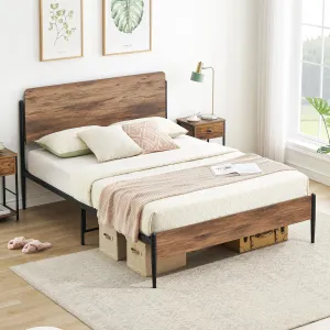 Queen Bed Frame with Wooden Headboard & Footboard, Heavy Duty Metal, Storage, Easy Assembly, Walnut Finish, No Box Spring Needed
