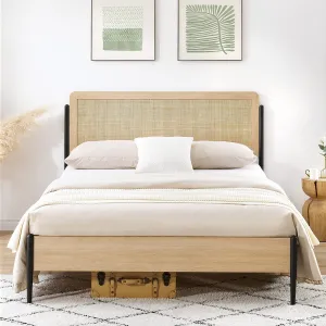 Boho Full Size Bed Frame with Natural Rattan Headboard & Solid Wood Footboard - Under Bed Storage Space, Quiet Noise-Free Design, No Box Spring Needed, Oak