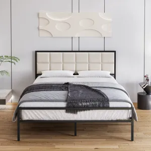 Queen Size Bed Frame, Faux Leather Platform Bed Frame with Upholstered Square Stitched Headboard, Metal Bed Frame with Steel Slats Support, Box Spring Optional, Easy Assembly, Beige