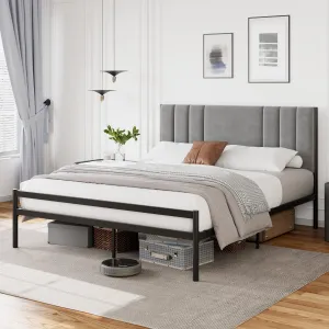 Full Bed Frame, Platform Bed Frame with Velvet Headboard, Heavy Duty Metal Bed Frame with 15 Strong Slats Support, Box Spring Optional, Easy Assembly, Grey