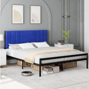 Queen Bed Frame, Platform Bed Frame with Velvet Headboard, Heavy Duty Metal Bed Frame with 15 Strong Slats Support, Box Spring Optional, Easy Assembly, Blue