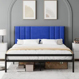 King Bed Frame, Platform Bed Frame with Velvet Headboard, Heavy Duty Metal Bed Frame with 15 Strong Slats Support, Box Spring Optional, Easy Assembly, Blue