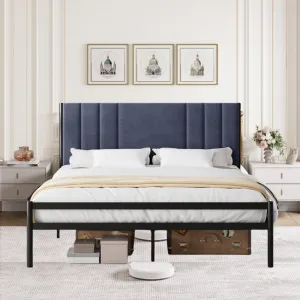 King Bed Frame, Platform Bed Frame with Velvet Headboard, Heavy Duty Metal Bed Frame with Steel Slats Support, Box Spring Optional, Grey