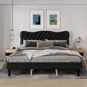 Queen Size Faux Leather Upholstered Platform Bed Frame - Wood Slats, Adjustable Headboard, and Heavy Duty Mattress Foundation, Noise Free Design and No Box Spring Needed in Black