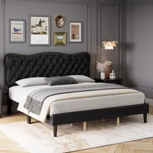Full Size Bed Frame Faux Leather Upholstered Platform Bed with Button Tufted and Adjustable Headboard, Heavy Duty Mattress Foundation, No Box Spring Needed in Black