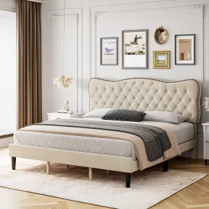 Queen Size Bed Frames Platform Upholstered Bed with Diamond Tufted and Adjustable Headboard, No Box Spring Needed for Bedroom, Bedroom Furniture in Beige