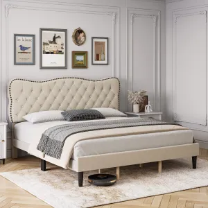 Full Size Bed Frame Linen Upholstered Platform Bed with Button Tufted and Adjustable Headboard, Heavy Duty Mattress Foundation with Wood Slats in Beige