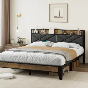 Full Bed Frame with Charging Station and Storage Shelf, Metal Platform Bed with Upholstered Headboard, Tufted Design, Steel Slats Support, No Box Spring Needed, Easy Assembly, Grey