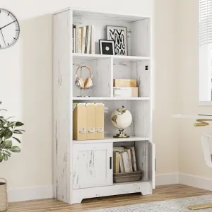 Bookcase with Doors White Bookshelf with LED Lights Modern Storage Rack Wood Standing Bookshelves Large Display Shelf Unique Book Shelf for Bedroom, Living Room, Home Office