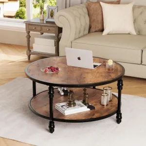 2-Tier Coffee Table Vintage Coffee Table with Wood Grain Design Stable Coffee Table with Thickened Roman Column Metal Legs Elegant Coffee Table for Living Room (Diameter 34.5 inches)