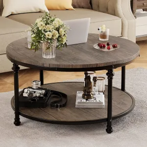 Round Coffee Table for Living Room Rustic Center Table with Storage Shelf Wood Circle Coffee Table with Sturdy Metal Frame, Easy Assembly(Light Walnut)
