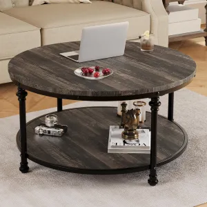Round Coffee Table for Living Room Rustic Center Table with Storage Shelf Wood Circle Coffee Table with Sturdy Metal Legs, Easy Assembly