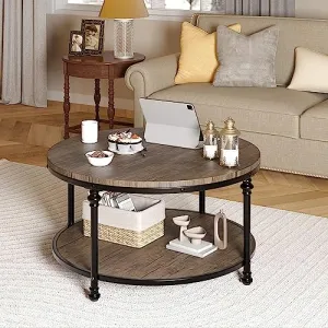 Round Coffee Table Living Room Wood Center Table with Storage Shelf Rustic Circle Coffee Table with Sturdy Metal Legs, Easy Assembly(Light Walnut)
