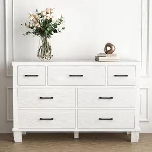 7-Drawer White Dresser with Metal Handles + Large Storage Capacity + Wood Construction + Anti-Tip Safety + Modern Design for Bedroom, Closet, Living Room, White