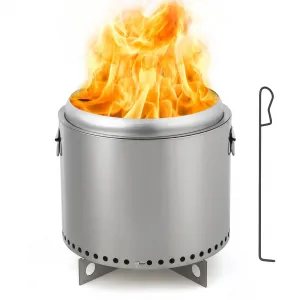 16.5" Smokeless Fire Pit with Handle - Portable Stainless Steel Wood Burning Firepit with Removable Ash Pan & Poker for Backyard, Patio & Camping