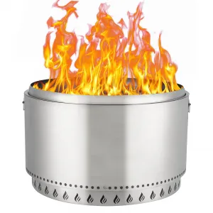 32" Smokeless Fire Pit, 304 Stainless Steel Wood Burning with Removable Ash Pan, Round Bottom Fixing & Flame Cutout (Includes Handles) – Portable Safe Firepit for Camping, Garden, Backyard, Silver