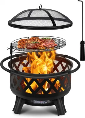 30 inch Wood Burning Fire Pit with Grill and Spark Screen