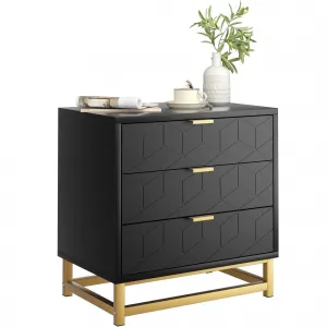 Black 3 Drawer Dresser for Bedroom, Wood Chest of Drawers with Metal Legs, Modern Storage Dresser Chest Cabinet Organizer, Large Dresser for Living Room, Hallway, Closet