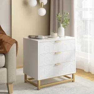 White 3 Drawer Dresser for Bedroom, Wood Chest of Drawers with Metal Legs, Modern Storage Dresser Chest Cabinet Organizer, Large Dresser for Living Room, Hallway, Closet
