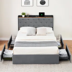Queen Size Bed Frame with 4 Storage Drawers and Charging Station, Grey Velvet Upholstered Platform Bed Frame with Storage Headboard and Wooden Slats Support, No Box Spring Needed