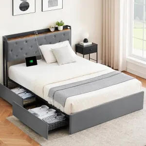 Full Size Velvet Bed Frame with Storage Drawers, Charging Station, Wooden Slats, No Box Spring Needed, Ideal for Bedrooms