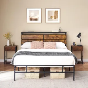 2024 New Bed Frame Queen Size - Metal Platform Bed Frame with Storage Bedside, Rustic Vintage Wood Headboard, Mattress Foundation, Strong Metal Slats Support