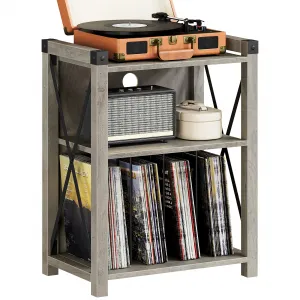 Record Player Stand with Storage, Farmhouse Wooden Turntable Stand with X Metal Frame, 3-Tier Rustic Record Player Side Table for Living Room, Bedroom, Office - Grey