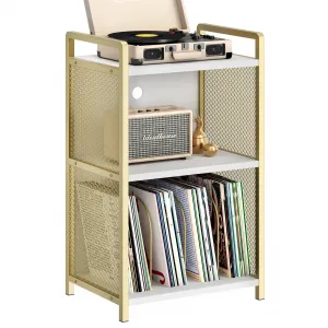 Record Player Stand with Storage, Gold Wooden Turntable Stand with Mesh Gold Metal Side, 3-Tier Golden Record Player Side Table for Living Room, Bedroom, Office - Gold