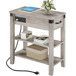 End Table with Charging Station, Narrow Side Table with Drawer and Storage End Table Wood Farmhouse Bed Side Table/Night Stand for Living Room Bedroom Office -Grey