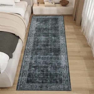 Contemporary Bordered Runner Rug 2x6 Non-Slip, Washable, Soft Polyester, Foldable, Thin, for Hallway, Kitchen, Bedroom, Living Room