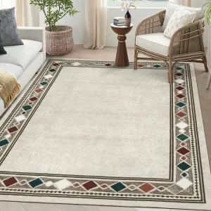 Bodered Rug 5x7 Geometric Area Rug Machine Washable Rug for Office Patio Dining Room Indoor Large Aesthetic Floor Mat Non-Shedding Anti-Slip Carpet, Distressed Cream