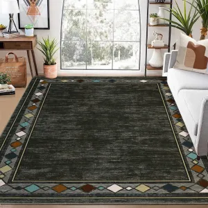 Bordered Brown 9x12 Large Area Rug Modern Bordered Washable Area Rug for Living Room Geometric Border Accent Rug Throw Carpet Non-Slip Stain Resistant Floor Cover for Home Decor