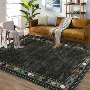 Washable Area Rug 5x7 Modern Bordered Area Rug for Living Room Bedroom Geometric Border Accent Rug Non-Slip Stain Resistant Floor Cover Throw Carpet for Home Decor, Brown