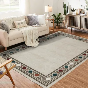 Washable 10x13 Area Rug Living Room Boho Modern Rug Non Slip Throw Rugs Bordered Contemporary Large Area Rug for Bedroom Low Pile Stain Resistant Carpet for Dining Room 10'x13' Beige