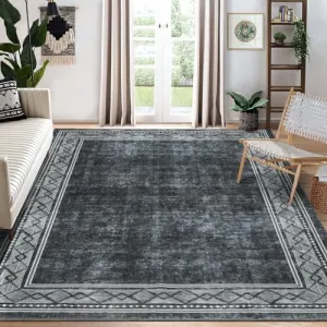 Bordered Grey 9x12 Modern Geometric Border Design Area Rug, Machine Washable Non-Slip Carpet, Stain Resistant Accent Rug for Living Room, Bedroom, Home Decor