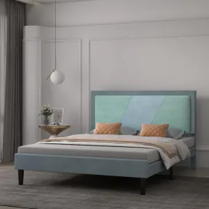 Queen Size Bed Frame, Velvet Bed Frame with Upholstered Headboard, Platform Bed Frame with Strong Wooden Slats, No Box Spring Needed, Easy Assembly, Light Blue