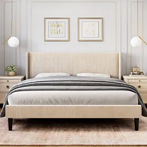 King Upholstered Bed Frame with Wingback Headboard, Velvet Upholstery Platform Bed, Wooden Slat Support, and Easy Assembly - Box Spring Optional, Beige