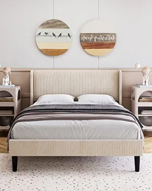 Queen Bed Frame, Upholstered Platform Bed with Wingback Headboard, Velvet Upholstered Bed Frame with 2 Storage Pockets, Strong Wooden Slat Support, Easy Assembly, Box Spring Optional, Beige