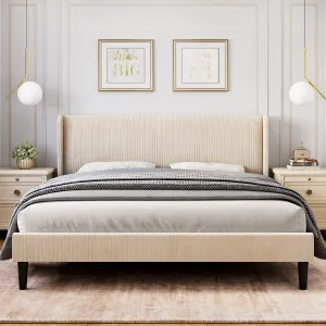 Full Upholstered Bed Frame with Wingback Headboard, Velvet Upholstery Platform Bed, Wooden Slat Support, and Easy Assembly - Box Spring Optional, Beige