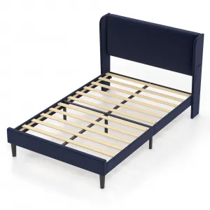Queen Upholstered Bed Frame + Velvet Upholstery + Wingback Headboard + Wooden Slat Support + Noise-Free + Easy Assembly + Blue