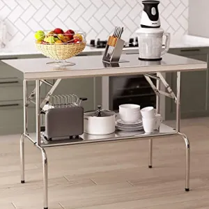 48"L x 24"W x 33.5"H Stainless Steel Folding Table with Undershelf - NSF Certified Heavy-Duty Prep Table for Home, Kitchen, Restaurant, and Hotel