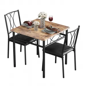 Dining Table Set for 2 with Cushioned Chairs, Space-Saving, Sturdy MDF & Steel, Easy Assembly, Rustic Brown, Ideal for Apartments