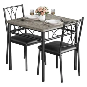 Dining Table Set for 2 with Cushioned Chairs + 3 Piece Kitchen Set + Wood + Space-Saving + Easy Assembly + Grey