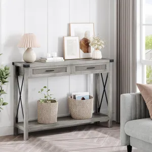Farmhouse Sofa Table - Console Table with Rattan Drawers, Entryway Table with Storage for Living Room, Hallway, Foyer-Grey