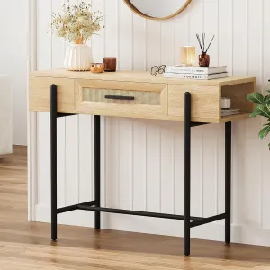 Console Table Rattan Sofa Table with Drawer, Wood Entryway Table for Entry with Storage, 39.3" Behind Couch Foyer Tables Boho Desk for Living Room Furniture Table Bedroom