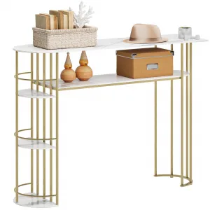 Gold Console Table Modern Design with Marble Grain Finish, MDF Wood, Metal, Storage Shelves, 43.5” for Living Room